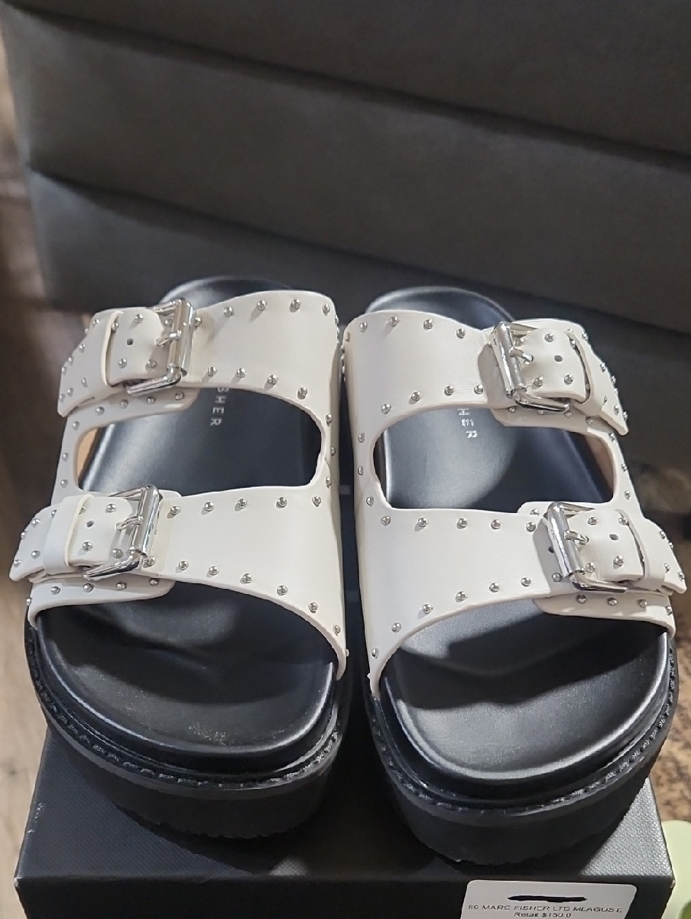 White Studded Double-Buckle Platform Sandals. Great Looking Slide On!